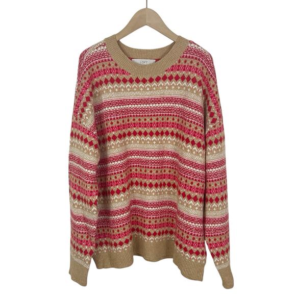 LOFT Striped Fair Isle Everyday Sweater Cotton Blend Red and Tan Size Large - Picture 3 of 7